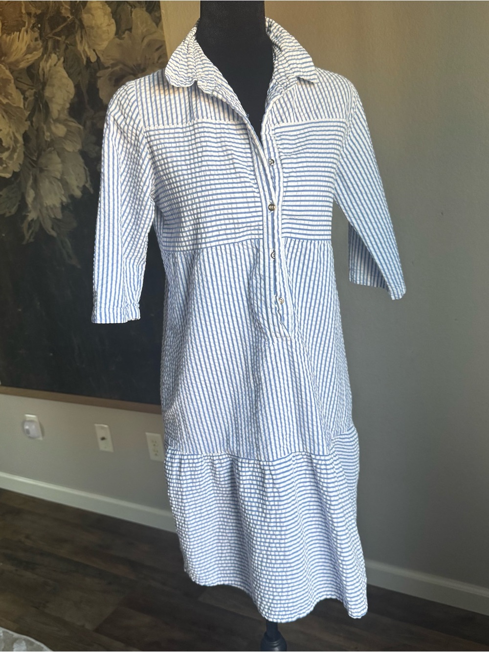 Peppermint Blue and White Striped Collared Midi Dress